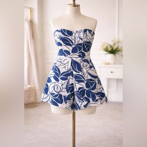 1.STATE White Strapless Romper with Blue Floral Trim